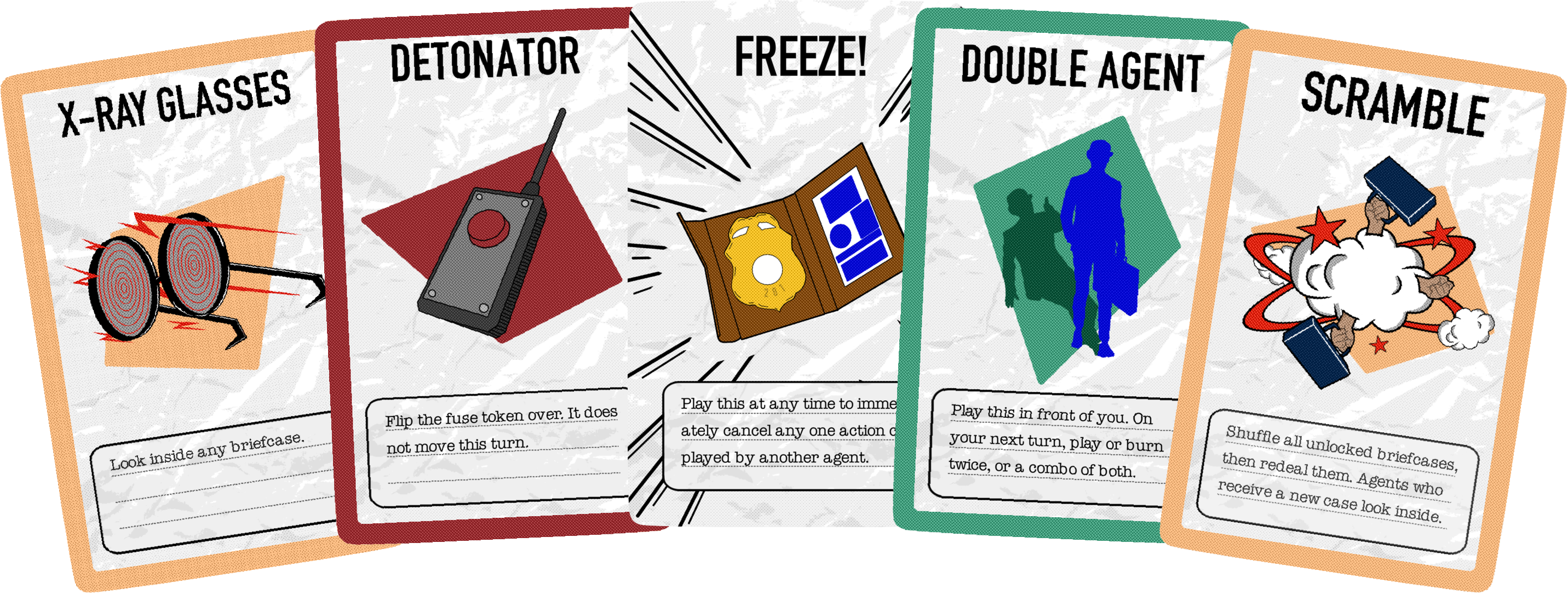 5 action cards fanned out like in a hand showing the 5 different border colors for the cards