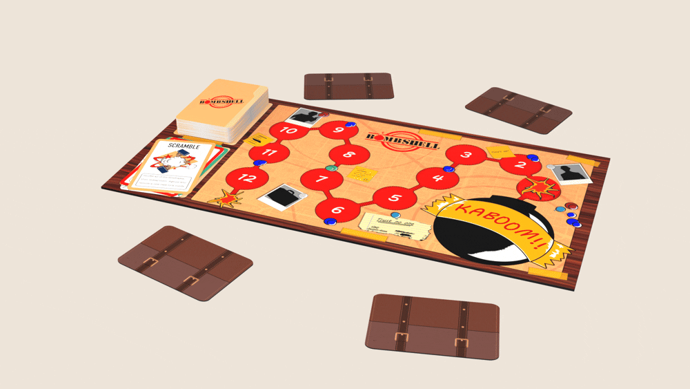 A full Bombshell game setup with all but one briefcase exploding showing having the money is how to win in the end