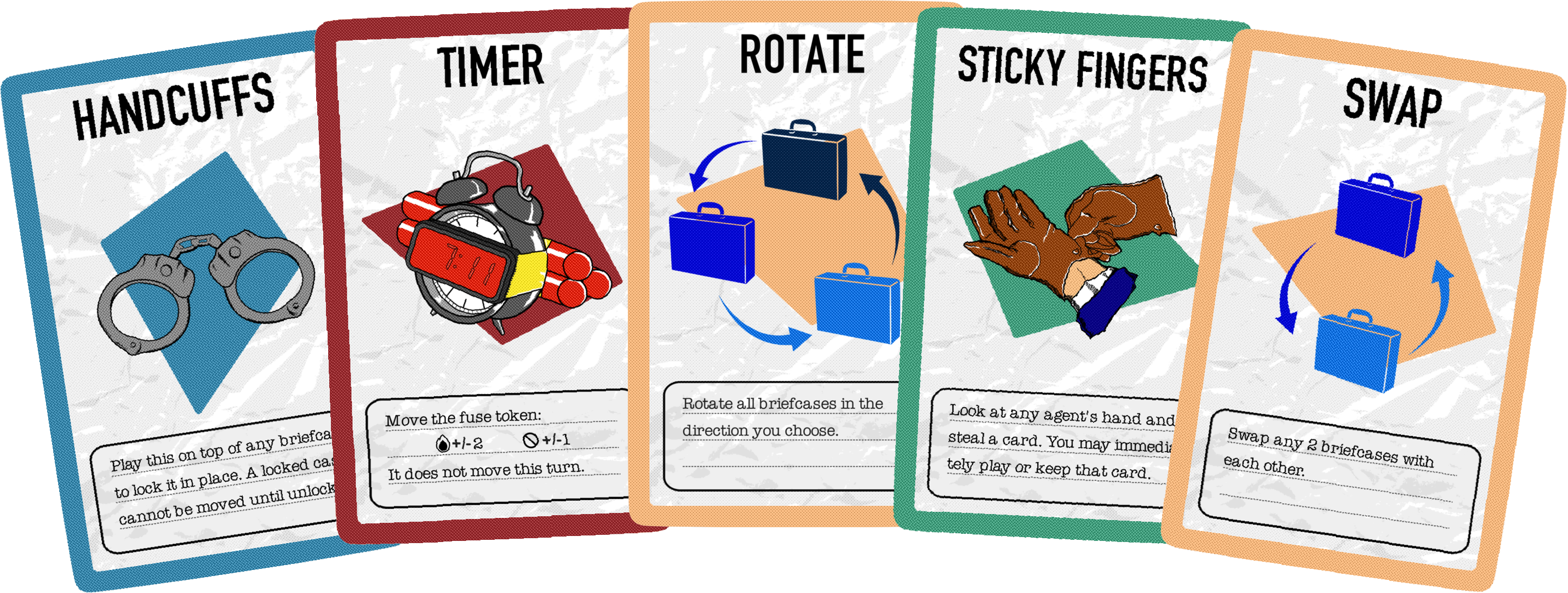5 action cards fanned out like in a hand