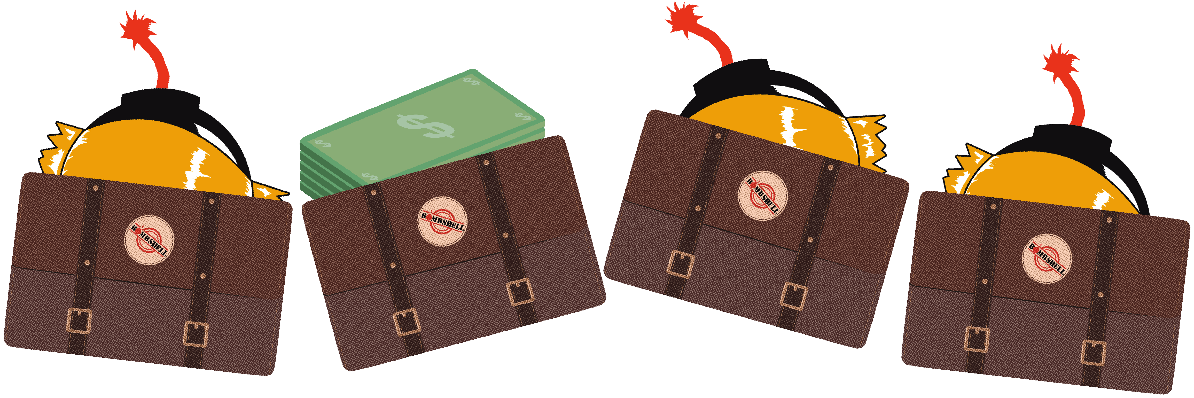 Four briefcases showing there are 3 bombs inside them and only 1 with money inside