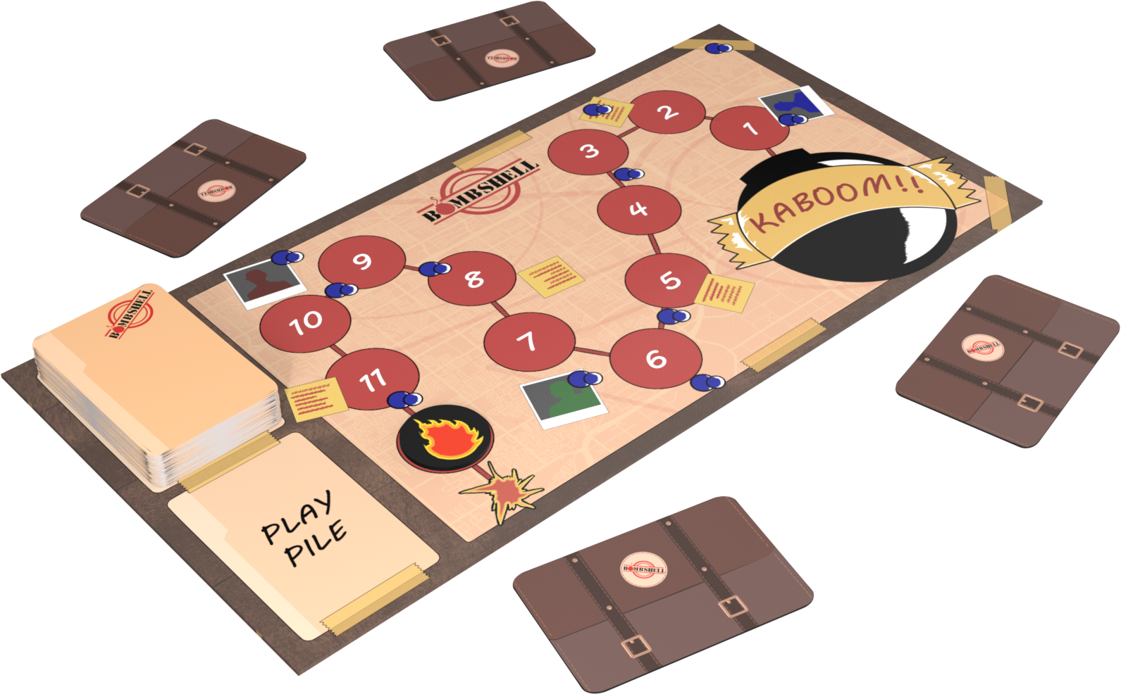 A full Bombshell game setup with the briefcases out and card decks in their spots on the board