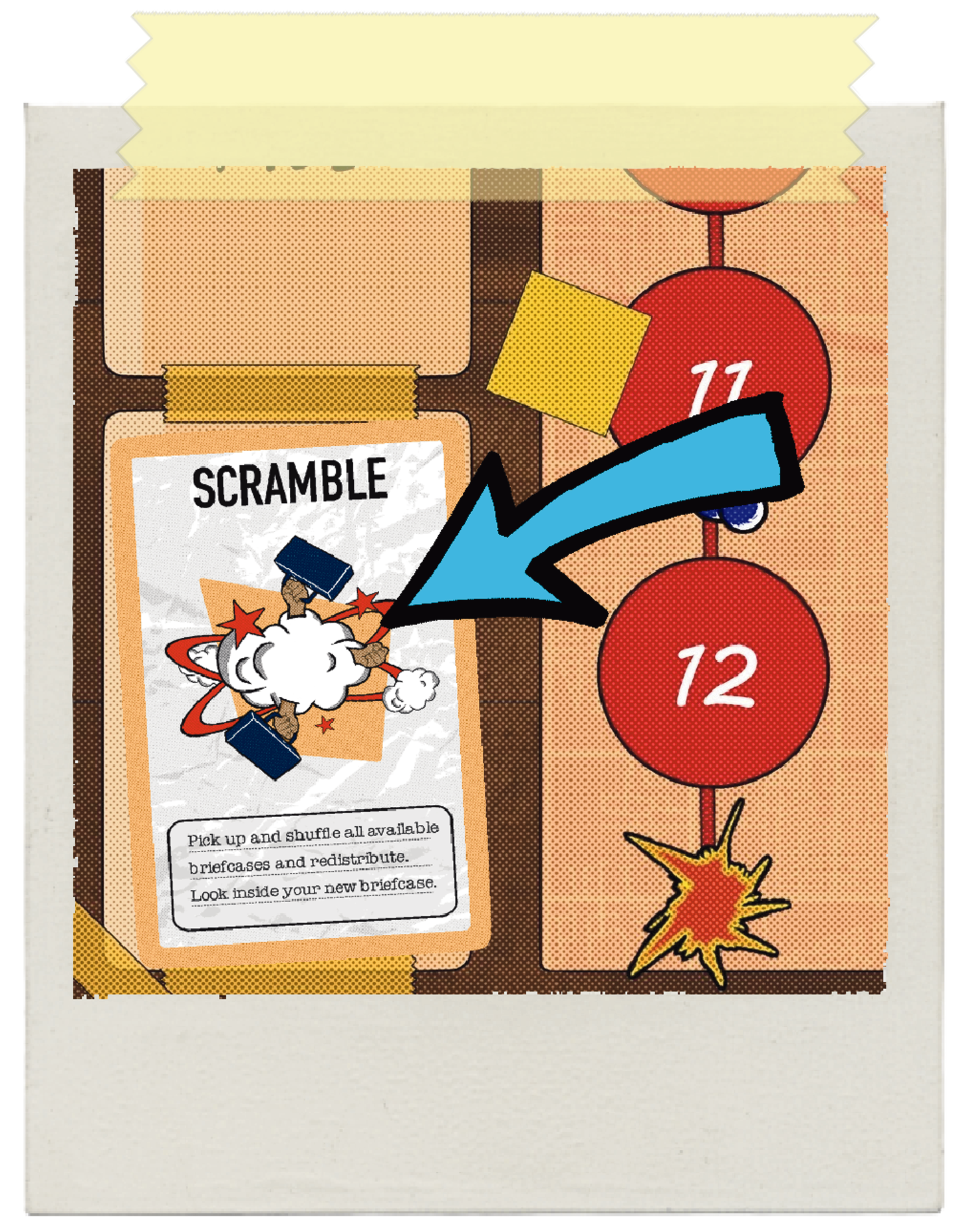 Polaroid picture showing a card being played onto the Play Pile of the game board